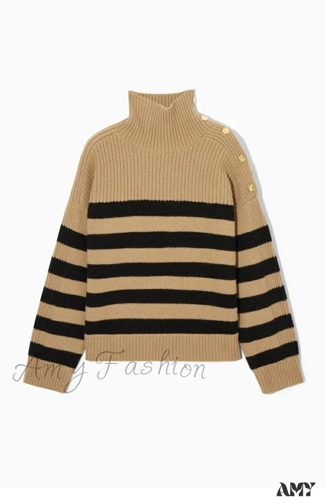 2024 Autumn New Style Standard One-Shoulder Button-Striped Casual Chic Sweater Khaki / S