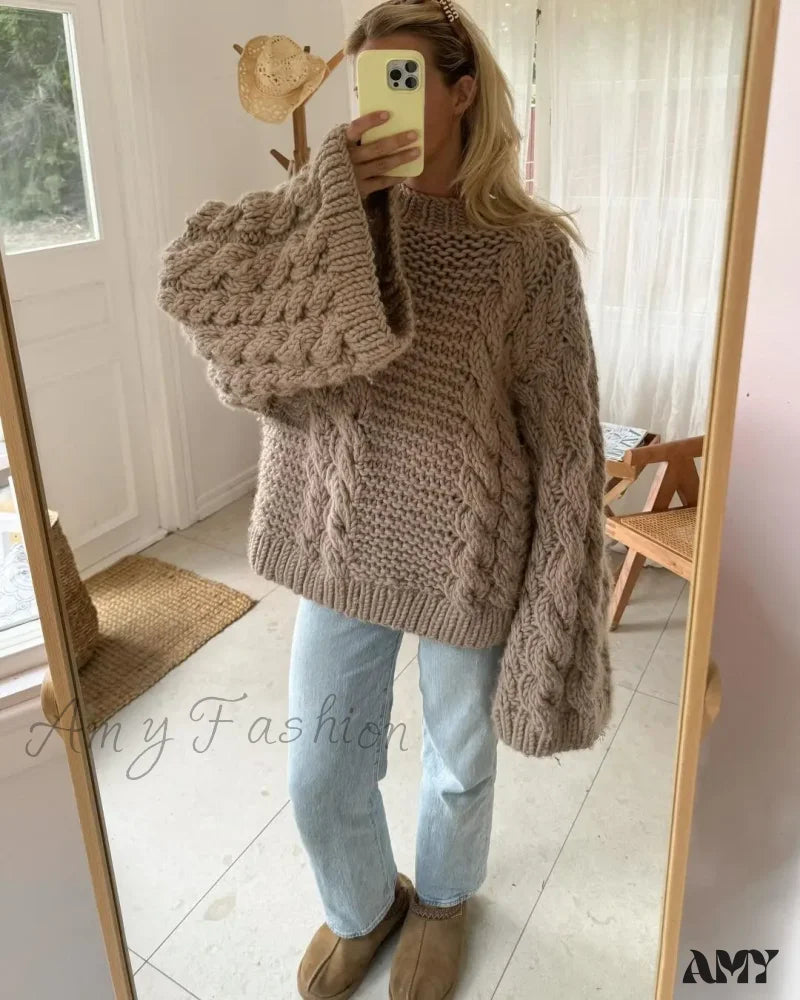 2024 Autumn Winter Oversize Knit Pullover Women Casual Lazy Round Neck Sweater Khaki / S