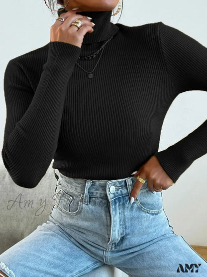 2024 Autumn Winter Women Knit Solid Pull Casual Rib Jumper Tops Sweater