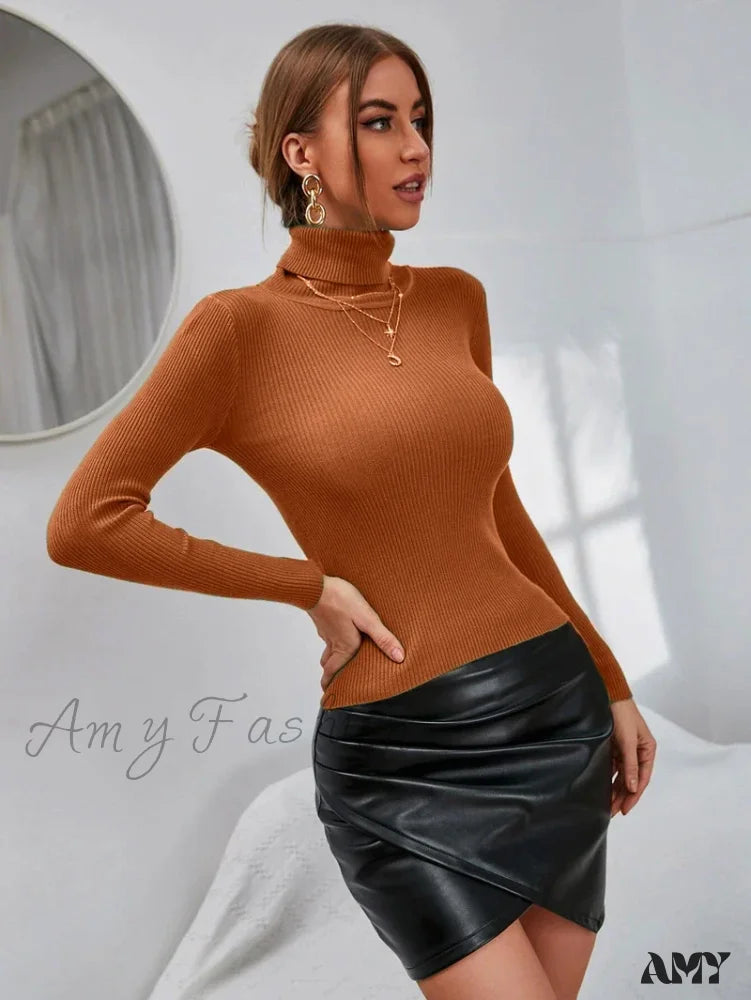 2024 Autumn Winter Women Knit Solid Pull Casual Rib Jumper Tops Sweater Caramel / One Size