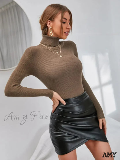 2024 Autumn Winter Women Knit Solid Pull Casual Rib Jumper Tops Sweater Coffee / One Size