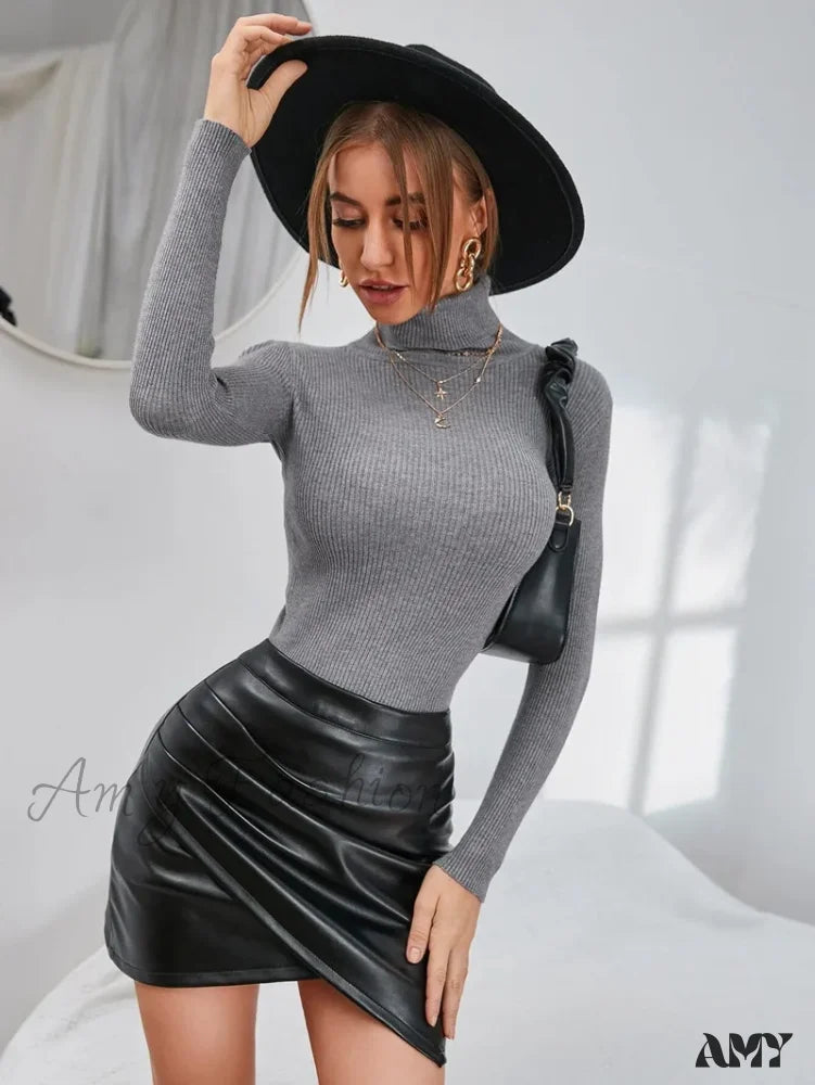 2024 Autumn Winter Women Knit Solid Pull Casual Rib Jumper Tops Sweater Gray / One Size