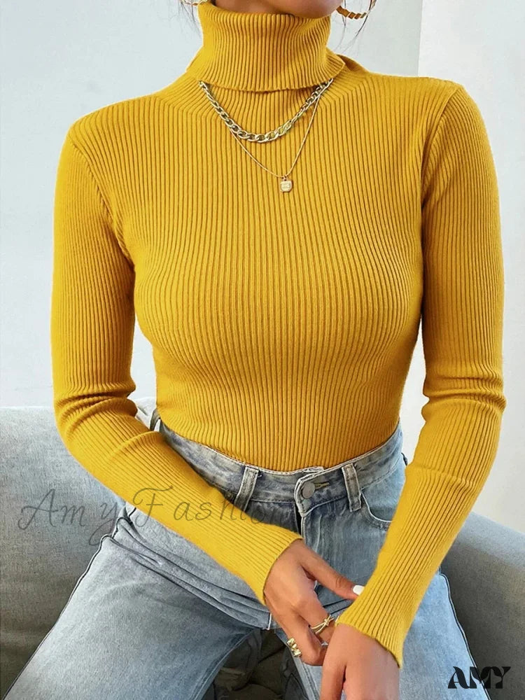 2024 Autumn Winter Women Knit Solid Pull Casual Rib Jumper Tops Sweater Yellow / One Size