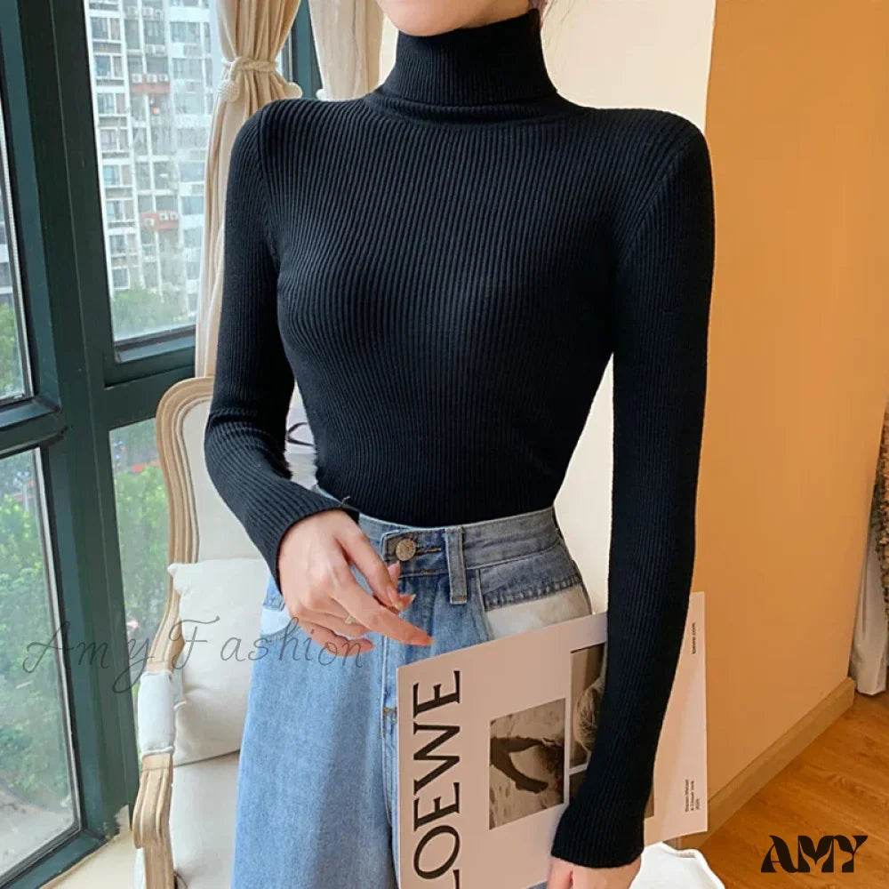 2024 Autumn Winter Women Long Sleeve Knitted Foldover Ribbed Pull Soft Warm Sweater Black / One Size