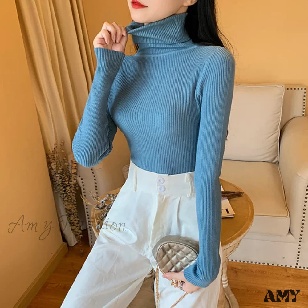 2024 Autumn Winter Women Long Sleeve Knitted Foldover Ribbed Pull Soft Warm Sweater Blue / One Size