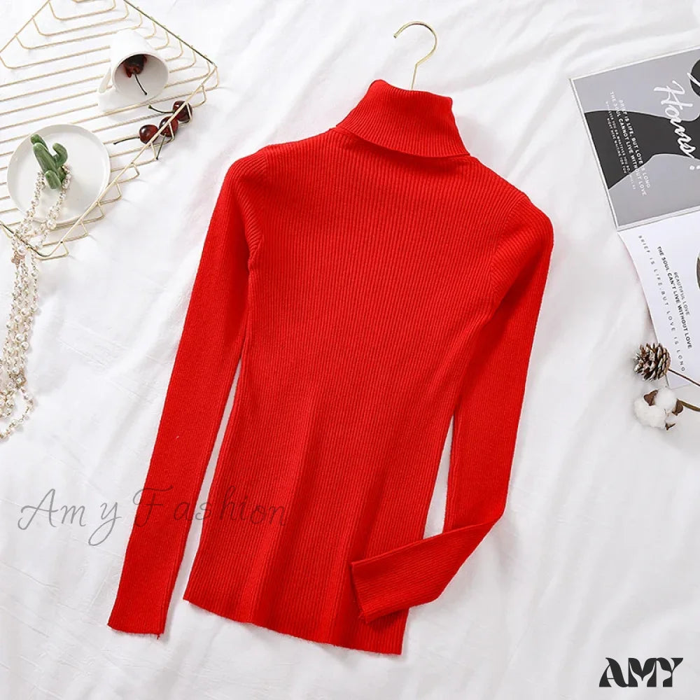 2024 Autumn Winter Women Long Sleeve Knitted Foldover Ribbed Pull Soft Warm Sweater Bright Red /