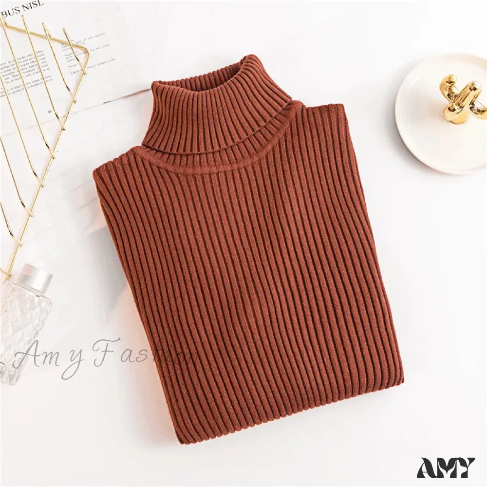 2024 Autumn Winter Women Long Sleeve Knitted Foldover Ribbed Pull Soft Warm Sweater Caramel / One