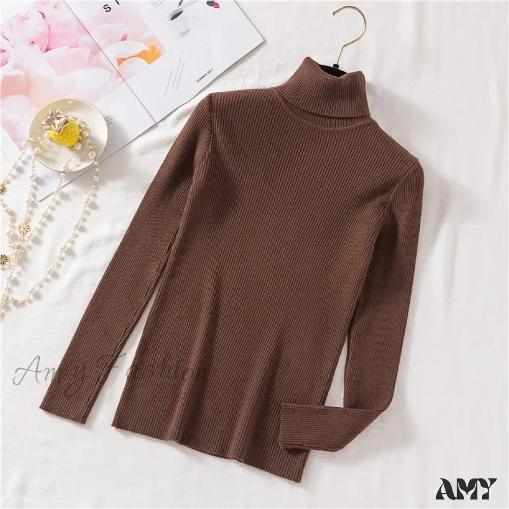 2024 Autumn Winter Women Long Sleeve Knitted Foldover Ribbed Pull Soft Warm Sweater Coffee / One