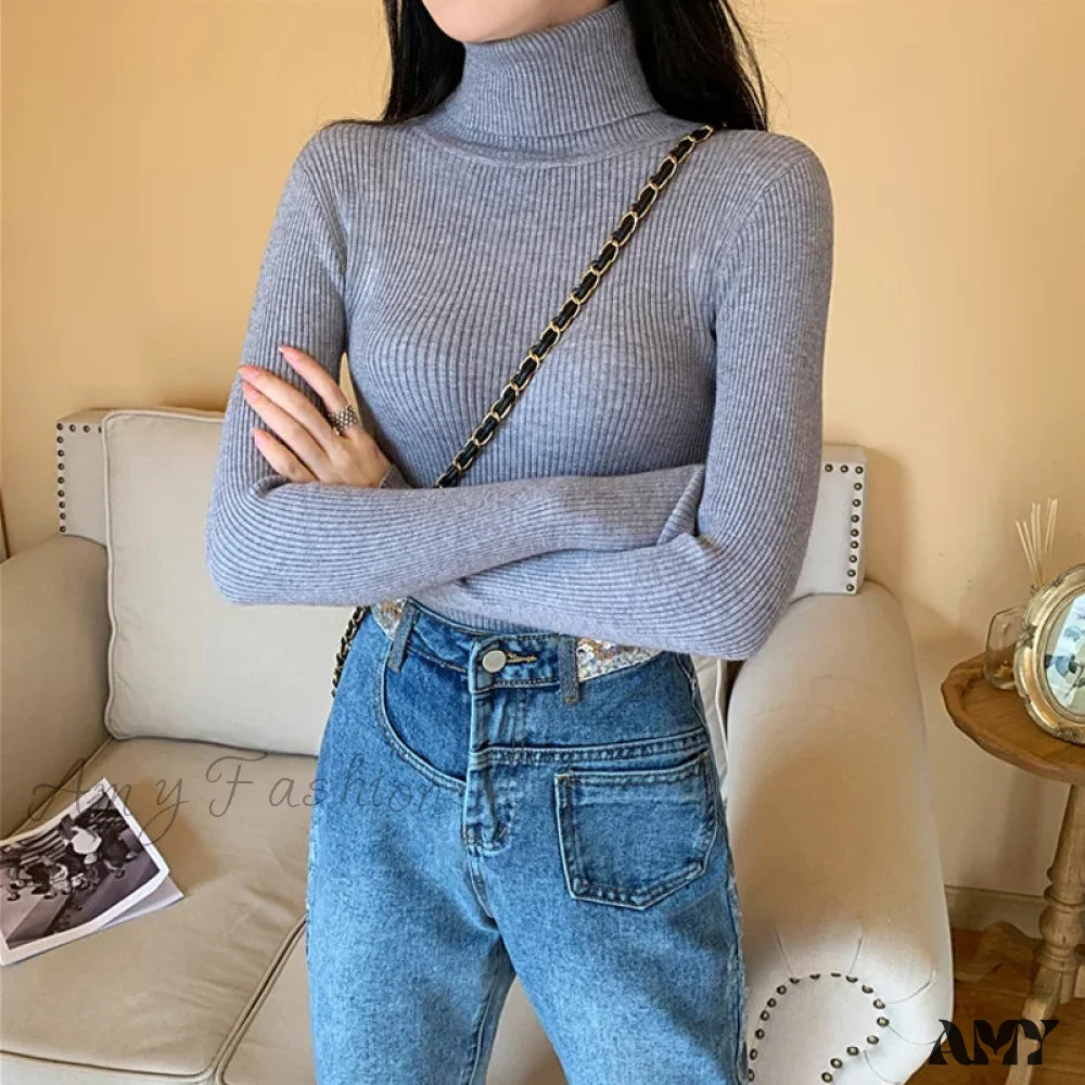 2024 Autumn Winter Women Long Sleeve Knitted Foldover Ribbed Pull Soft Warm Sweater Gray / One Size