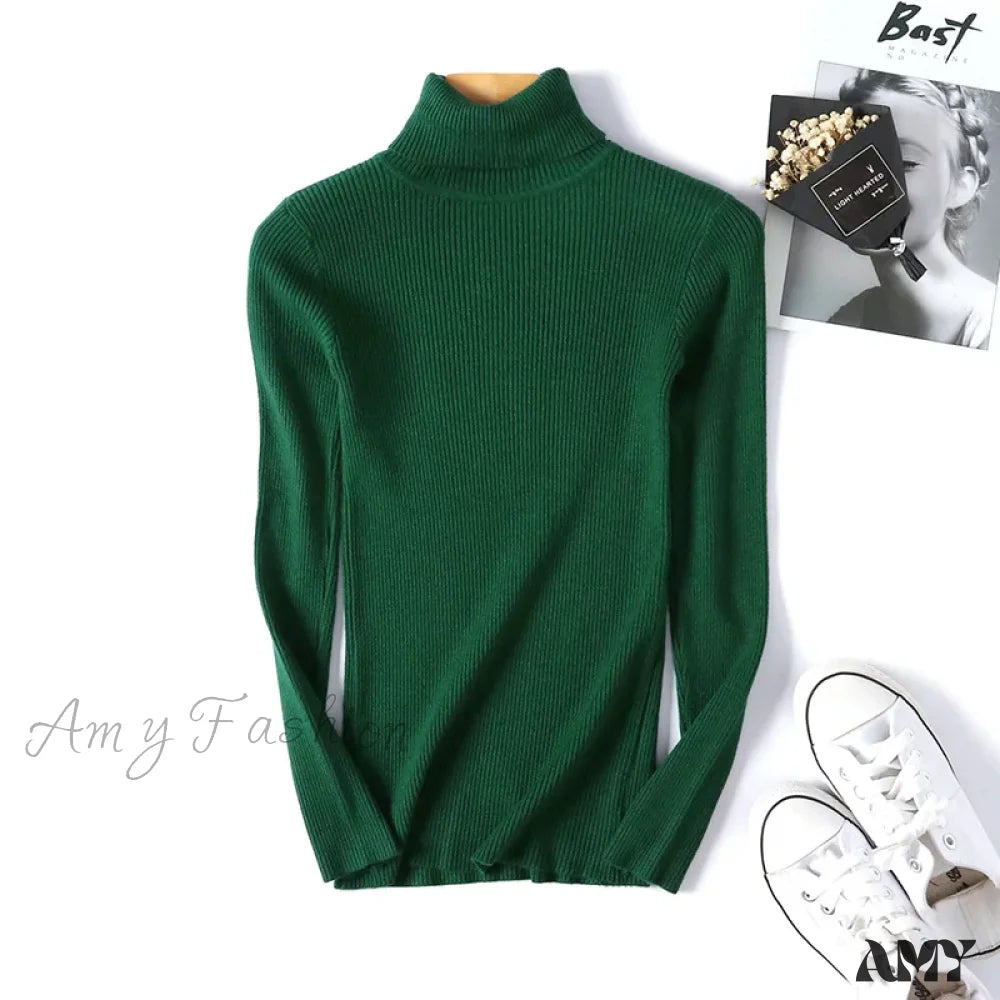 2024 Autumn Winter Women Long Sleeve Knitted Foldover Ribbed Pull Soft Warm Sweater Green / One Size