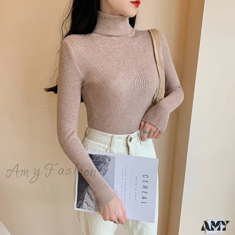 2024 Autumn Winter Women Long Sleeve Knitted Foldover Ribbed Pull Soft Warm Sweater Light Khaki /