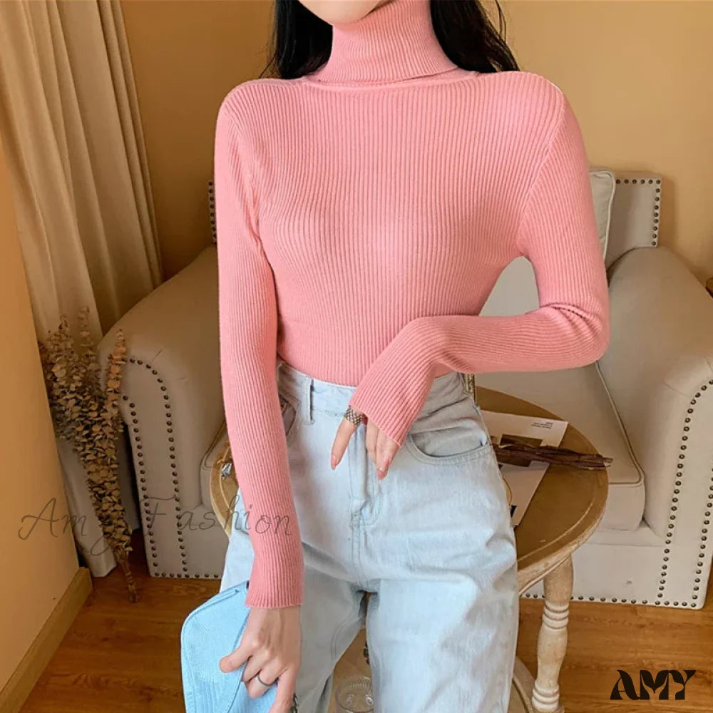 2024 Autumn Winter Women Long Sleeve Knitted Foldover Ribbed Pull Soft Warm Sweater Pink / One Size