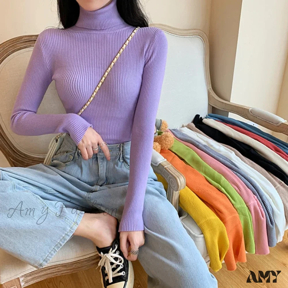 2024 Autumn Winter Women Long Sleeve Knitted Foldover Ribbed Pull Soft Warm Sweater Purple / One