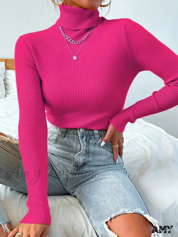 2024 Autumn Winter Women Long Sleeve Knitted Foldover Ribbed Pull Soft Warm Sweater Rose Red / One