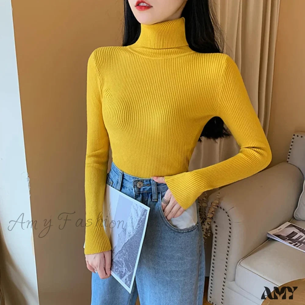 2024 Autumn Winter Women Long Sleeve Knitted Foldover Ribbed Pull Soft Warm Sweater Yellow / One