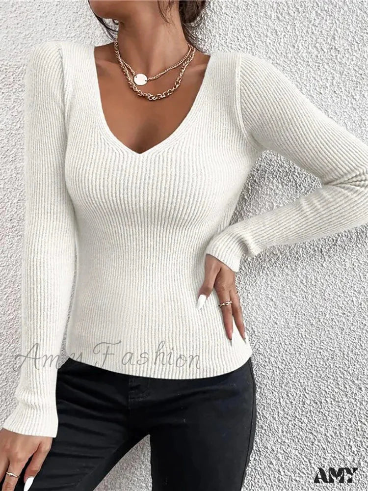 2024 Autumn Winter Women Solid Rib Knit V Neck Stripe Pull Femme Y2K Long Sleeve Fashion Tops Cozy