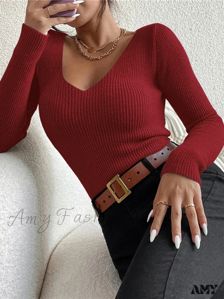 2024 Autumn Winter Women Solid Rib Knit V Neck Stripe Pull Femme Y2K Long Sleeve Fashion Tops Cozy