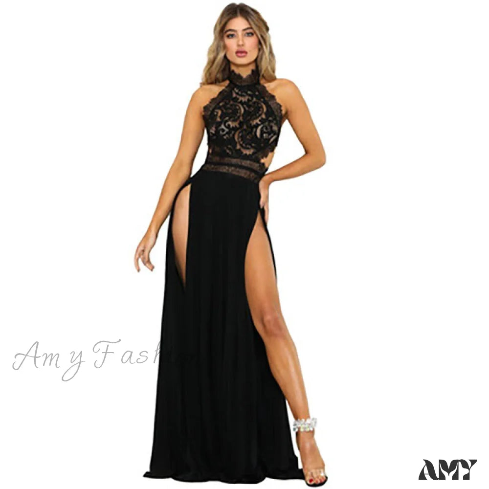 2024 Lady’s Sexy See-Through Lace Nude Back High Slit Dress