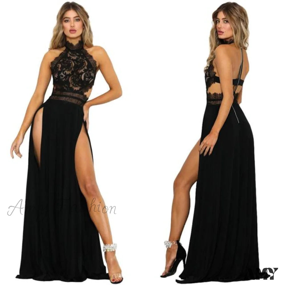 2024 Lady’s Sexy See-Through Lace Nude Back High Slit Dress Black 1Pcs / S