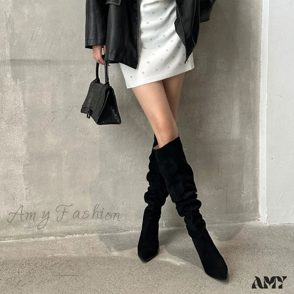 2024 New Fashion Wholesale Autumn Winter Long Tube Ruched Pointed Toe Thin Heel High Boots Shoes