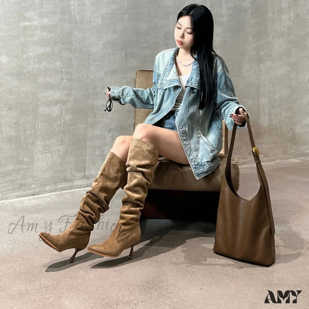 2024 New Fashion Wholesale Autumn Winter Long Tube Ruched Pointed Toe Thin Heel High Boots Shoes