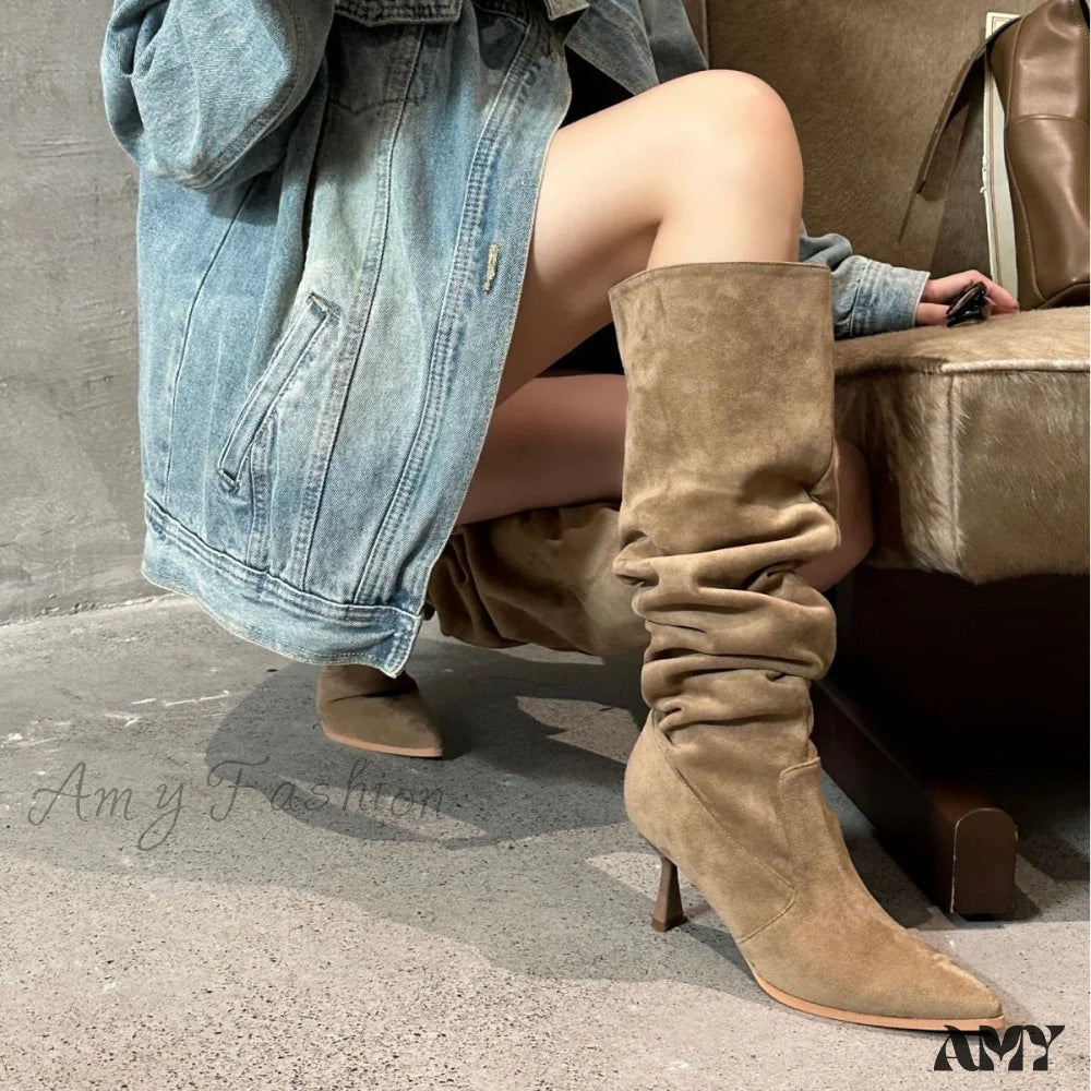 2024 New Fashion Wholesale Autumn Winter Long Tube Ruched Pointed Toe Thin Heel High Boots Shoes