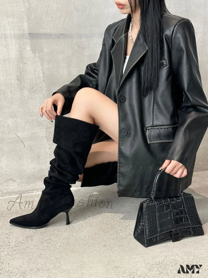 2024 New Fashion Wholesale Autumn Winter Long Tube Ruched Pointed Toe Thin Heel High Boots Shoes