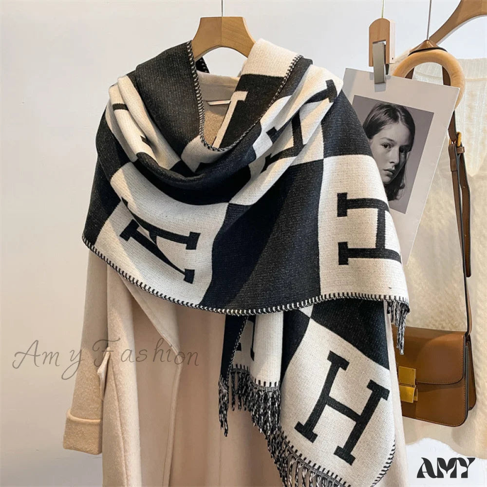 2024 New Faux Cashmere Fringe Warm Double-Sided Cozy Blanket Soft Scarf