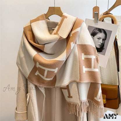 2024 New Faux Cashmere Fringe Warm Double-Sided Cozy Blanket Soft Scarf