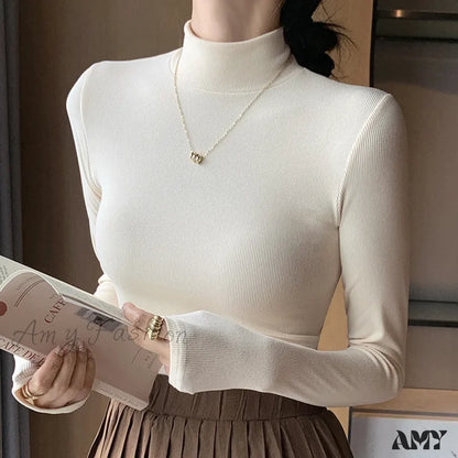 2024 New Knitted Half-Pullovers Women Bottom Shirts Jumper Elegant Korean Sweater Beige / M