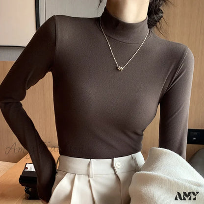 2024 New Knitted Half-Pullovers Women Bottom Shirts Jumper Elegant Korean Sweater Coffee / M