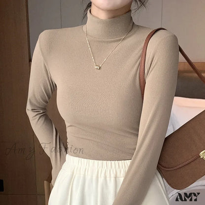 2024 New Knitted Half-Pullovers Women Bottom Shirts Jumper Elegant Korean Sweater Khaki / M