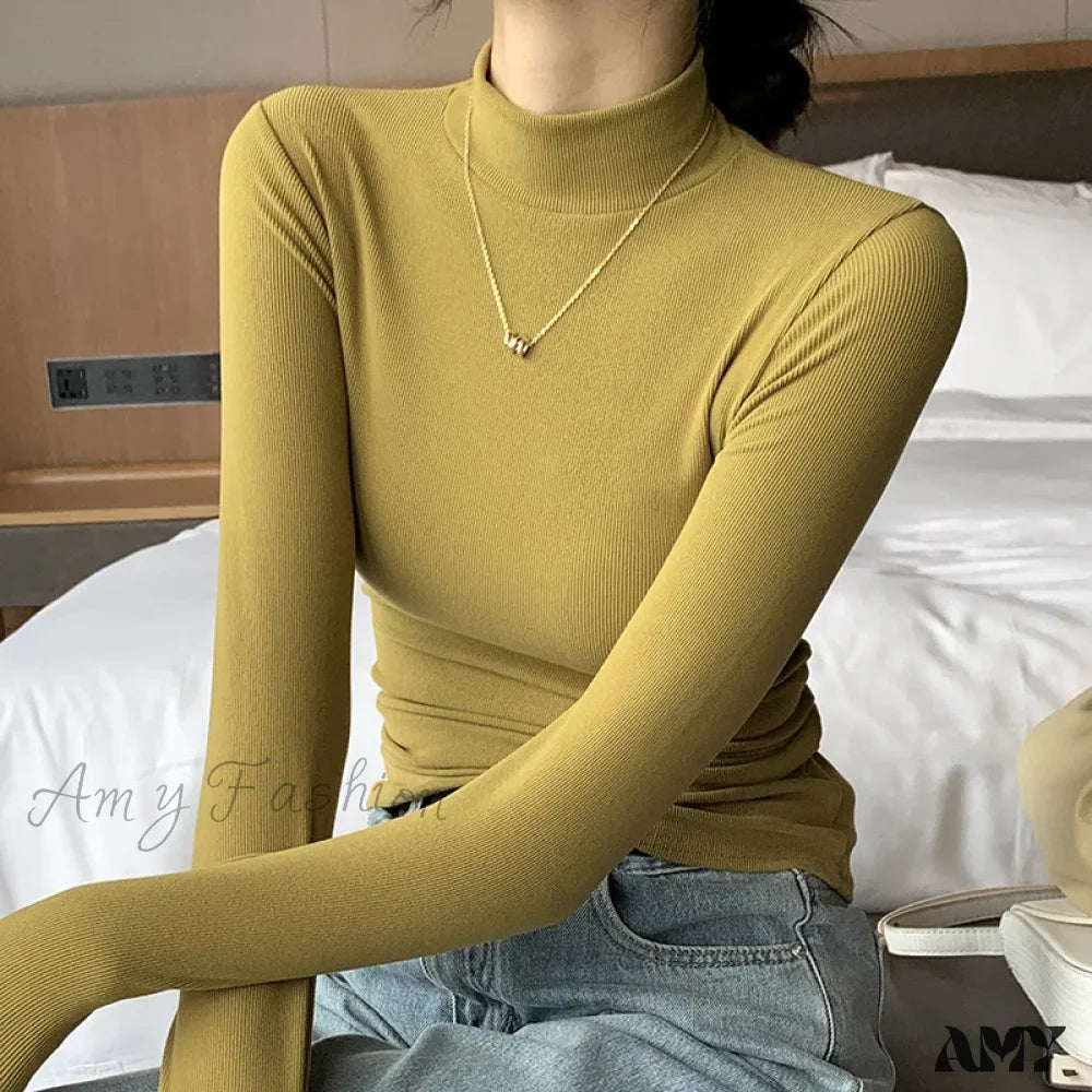 2024 New Knitted Half-Pullovers Women Bottom Shirts Jumper Elegant Korean Sweater Mustard Yellow / M