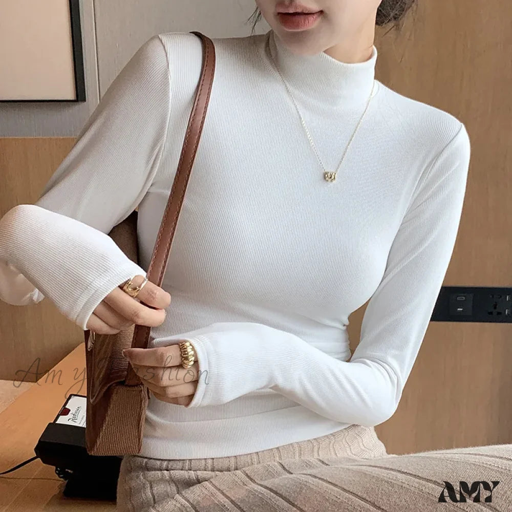 2024 New Knitted Half-Pullovers Women Bottom Shirts Jumper Elegant Korean Sweater White / M