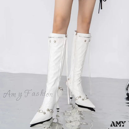 2024 New Metal Decorated Rider Boots High Heel Pointed Toe Tassel Fashion Long Women Shoes