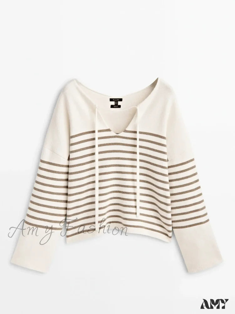 2024 New Style Women’s Casual Slim-Fit Polo Shirt Collar Strap Simple Striped Cozy Sweater Beige / S