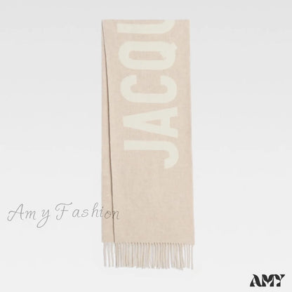 2024 New Wool Letter Jacquard Logo Fringe Unisex Warm Scarf Beige