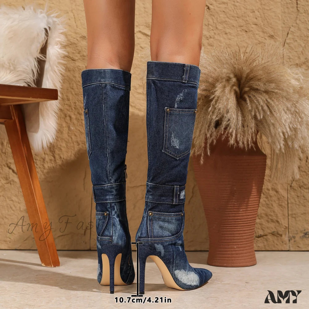 2024 Plus Size Pointed Toe High Heel Washed Denim Sexy Thin Side Zipper Over-Knee Long Boots Shoes