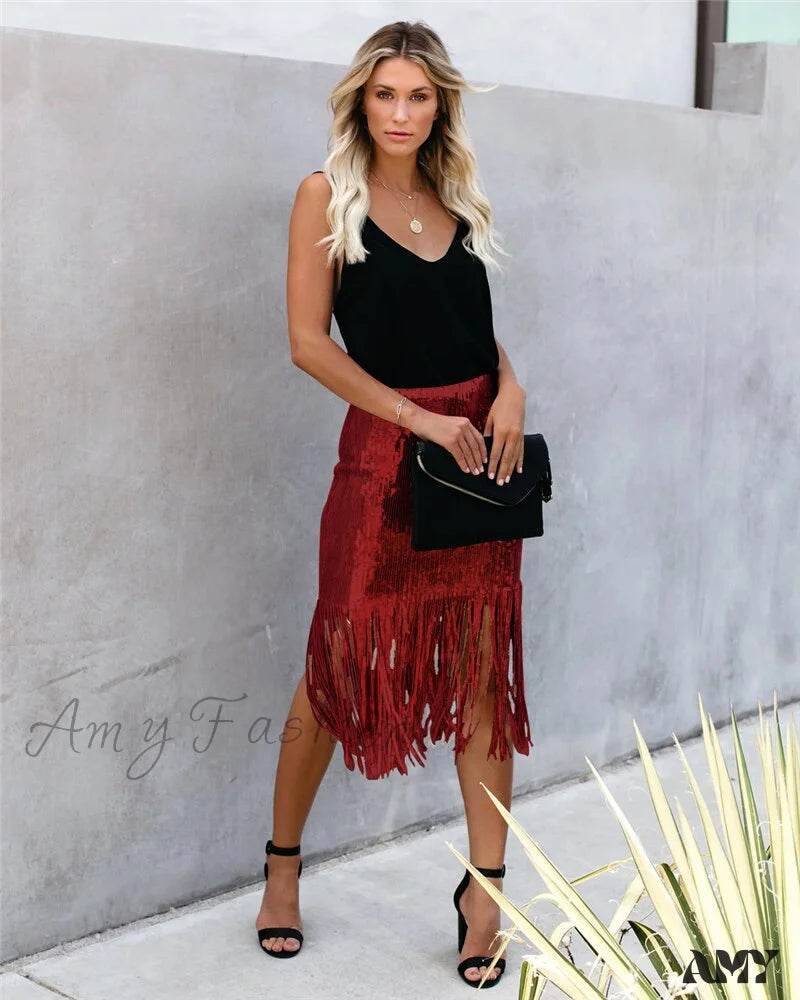 2024 Sequin Tassel Tight Midi Skirt Red / S Skirts