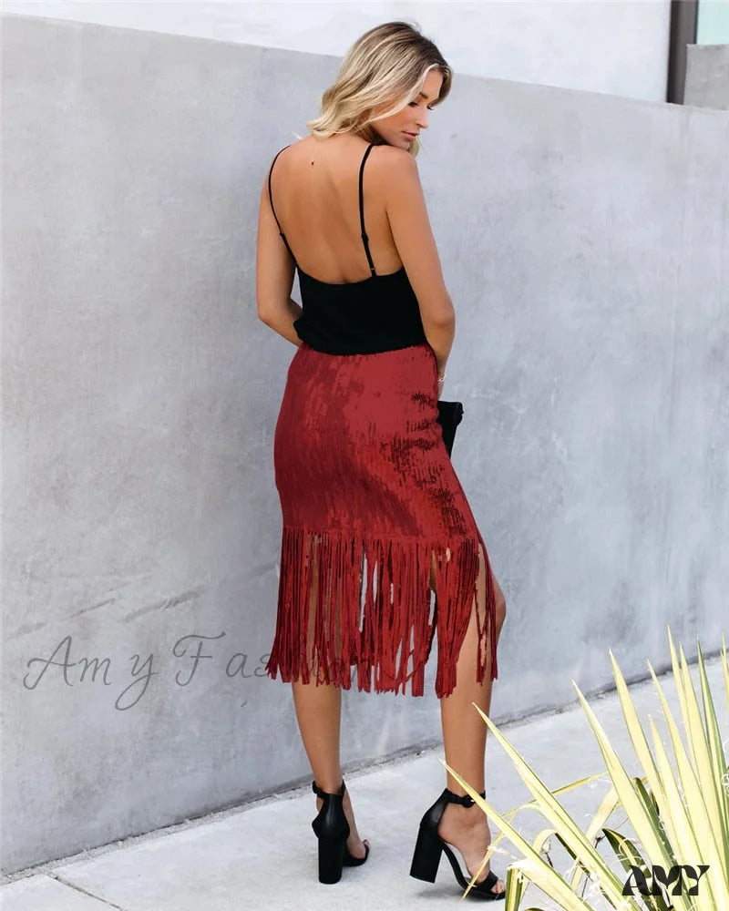 2024 Sequin Tassel Tight Midi Skirt Skirts