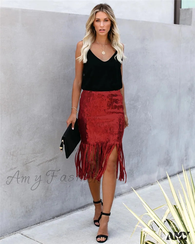 2024 Sequin Tassel Tight Midi Skirt Skirts