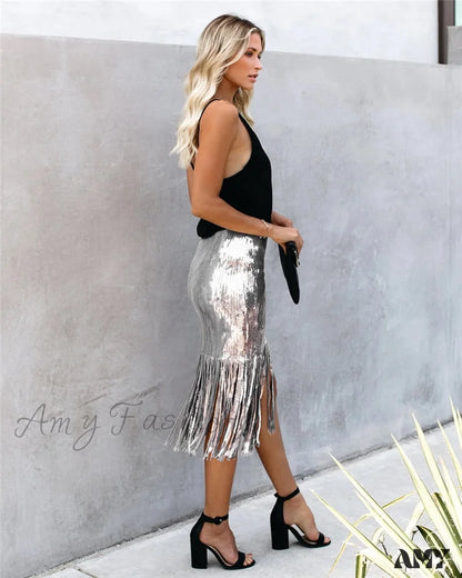 2024 Sequin Tassel Tight Midi Skirt Skirts