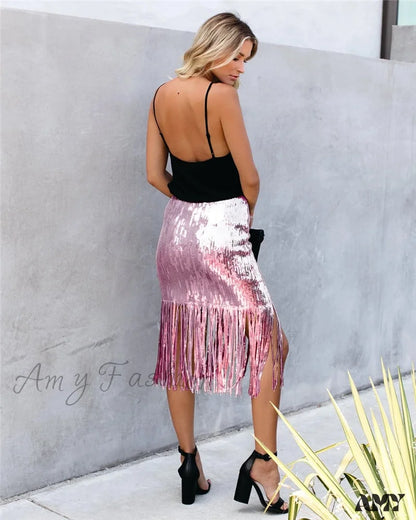 2024 Sequin Tassel Tight Midi Skirt Skirts