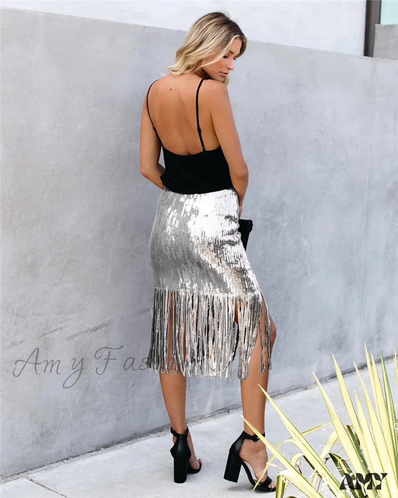 2024 Sequin Tassel Tight Midi Skirt Skirts