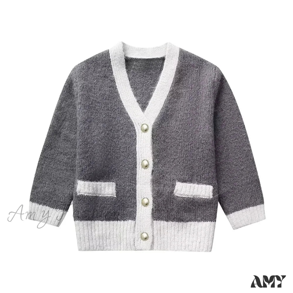 2024 Spring Grey White Patchwork Knitted Women Cardigan Jacket Half Sleeve Slim Buttons Cozy