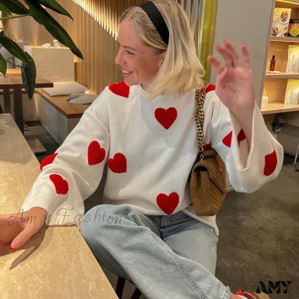 2024 Sweet Heart Women Fashion Cute Vintage Loose Knitted Pullover Knitwear Long Sleeve O-Neck Cozy