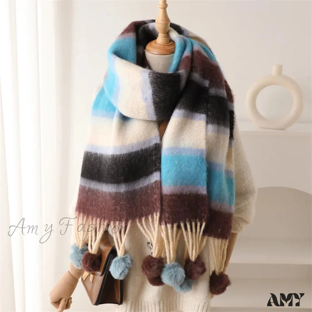 2024 Winter Multicolor Cashmere Loop Yarn Pashmina Scarf Blue