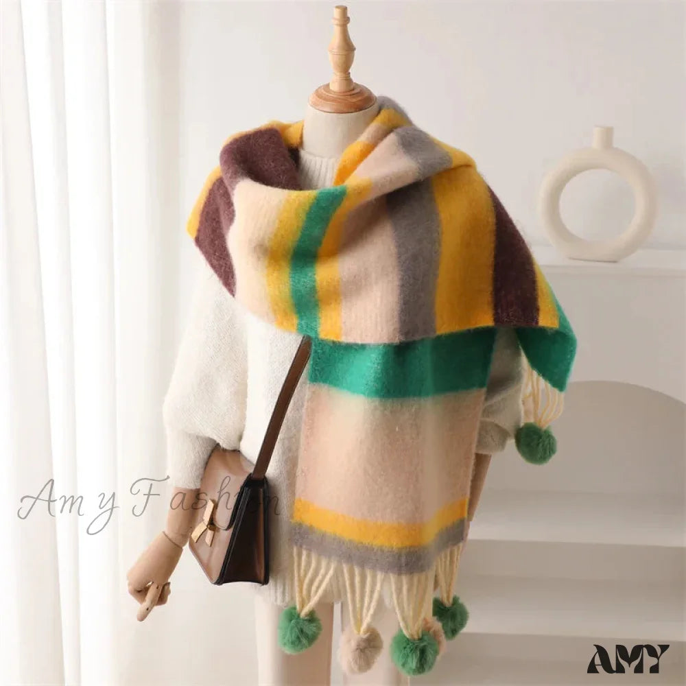 2024 Winter Multicolor Cashmere Loop Yarn Pashmina Scarf Green