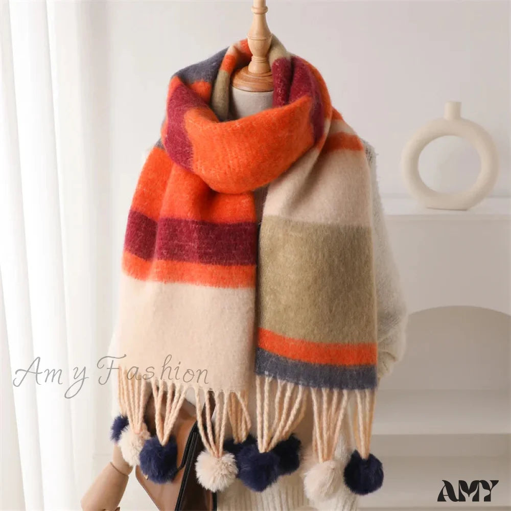 2024 Winter Multicolor Cashmere Loop Yarn Pashmina Scarf Orange