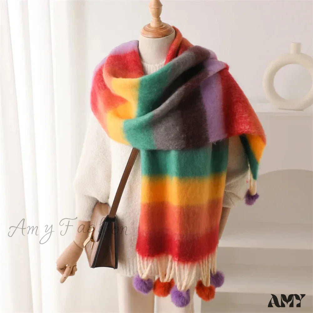 2024 Winter Multicolor Cashmere Loop Yarn Pashmina Scarf Rainbow